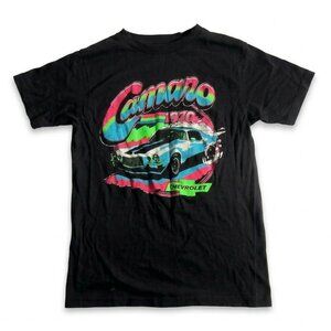Retro Neon Blue Pink Green 1970 Chevy Camaro Tee Black Unisex Small Slim Fit